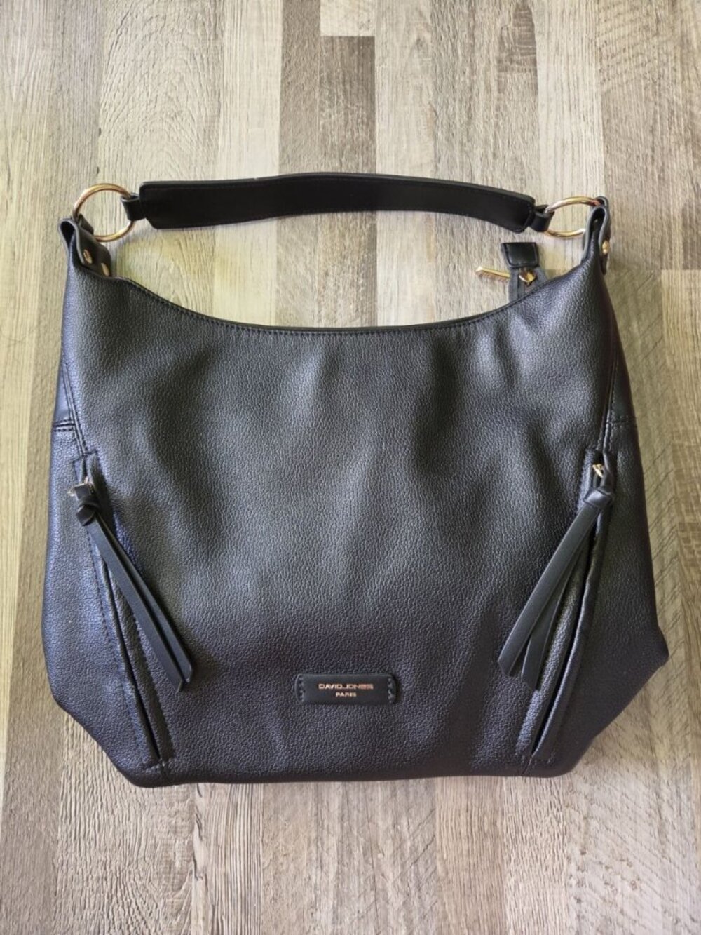 David Jones Paris‎ Black Hobo Bag Faux Leather Shoulder Purse Gold Hardware